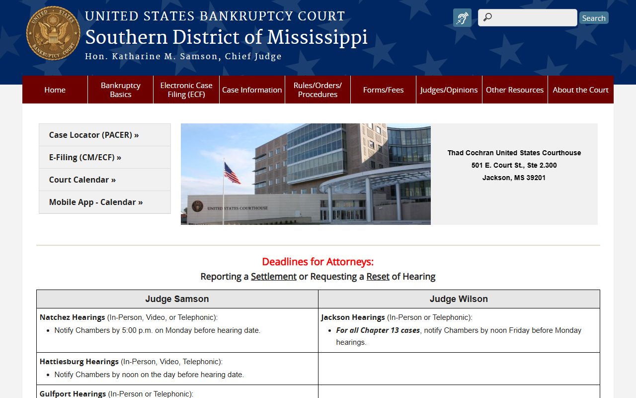 Lauderdale County federal bankruptcy court dockets through the Southern District of Mississippi