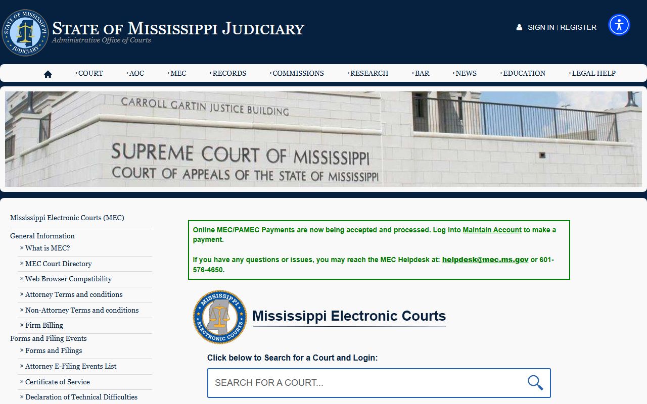Mississippi Electronic Courts page for Lauderdale County court records