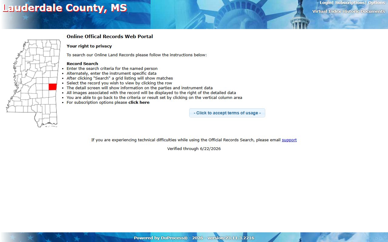 Lauderdale County Chancery official records inquiry search panel for court records