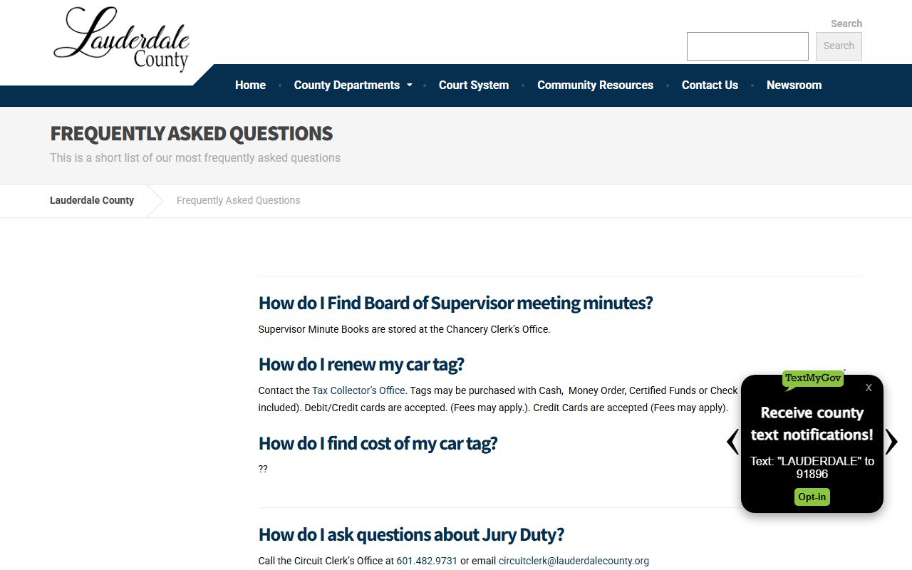 Lauderdale County FAQ page covering court records copy fees and requests