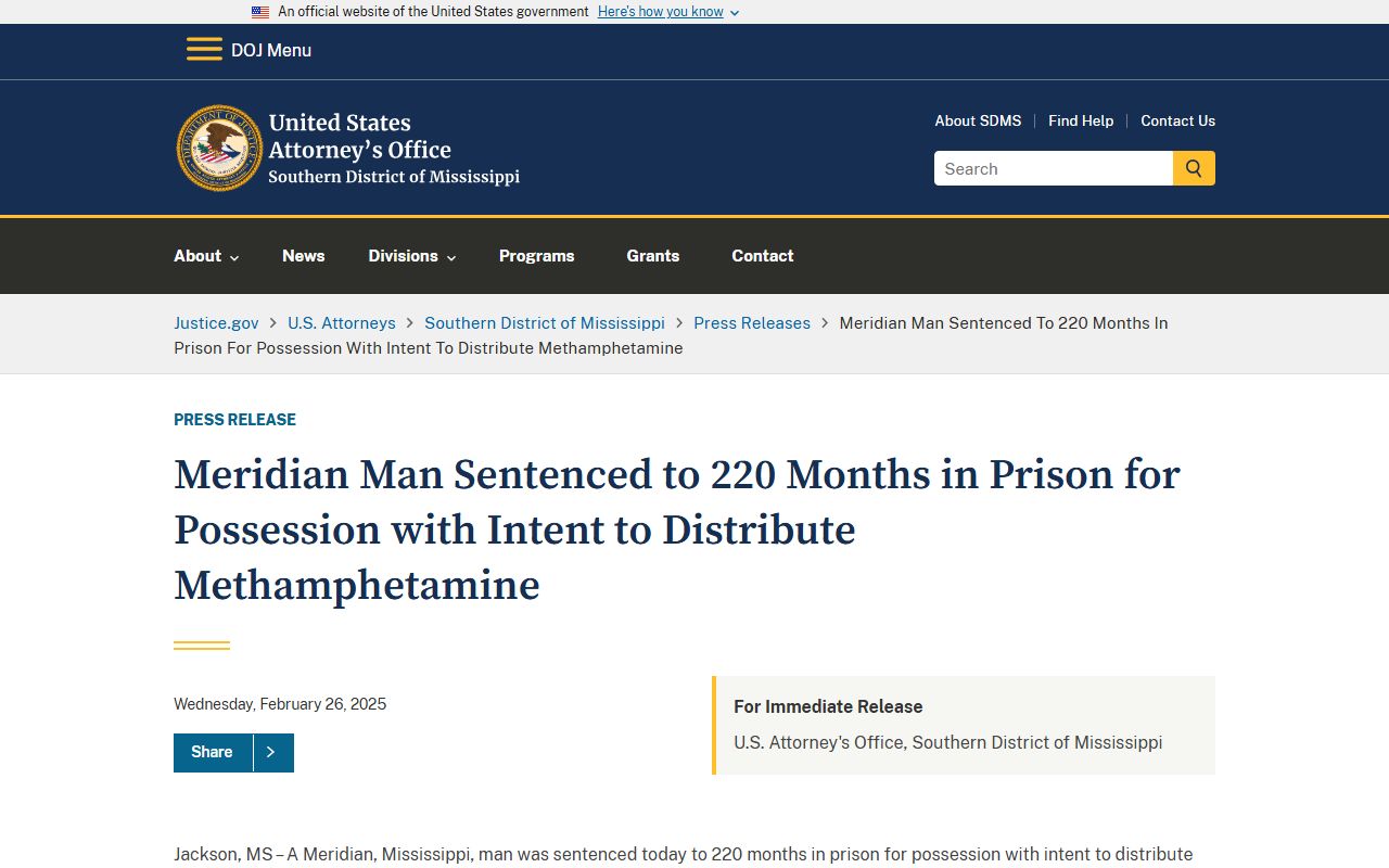 Lauderdale County criminal court records and a Meridian federal drug sentencing