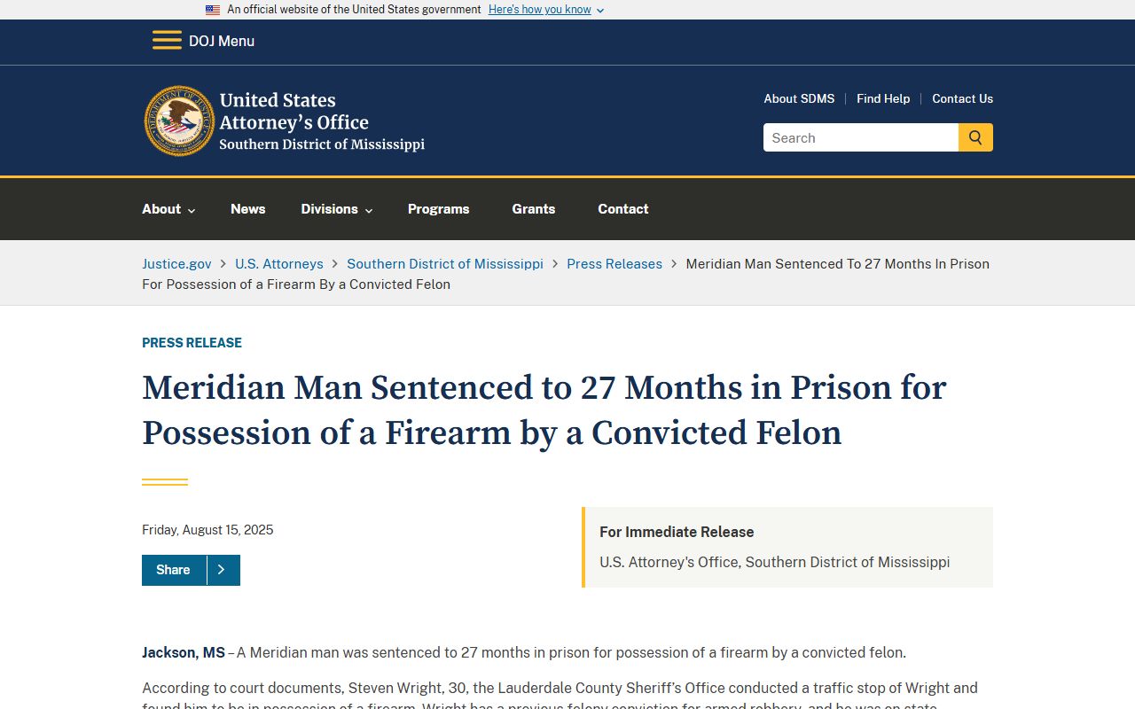 Lauderdale County criminal court records and a Meridian federal firearm case