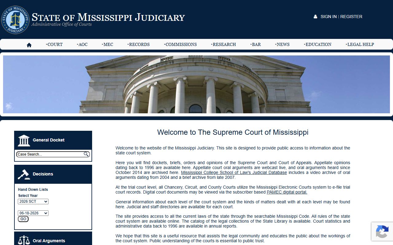 Mississippi Judiciary home page linking to Lauderdale County court records