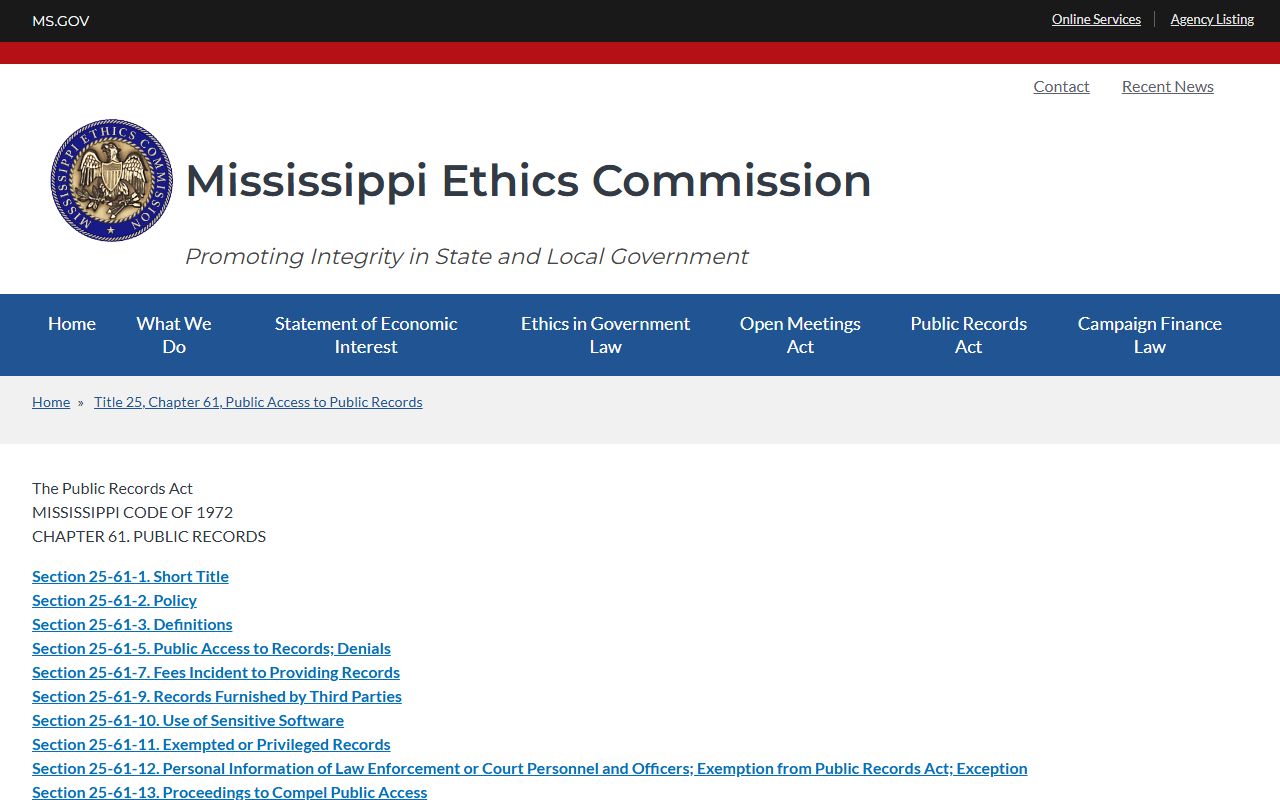 Mississippi Public Records Act page governing Lauderdale County court records