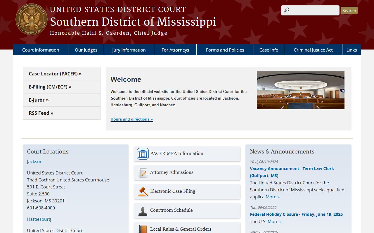 Southern District of Mississippi federal court site for Lauderdale County records