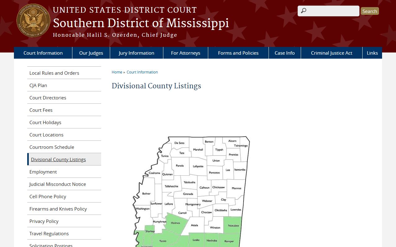 Federal divisional county listing showing Lauderdale County court records division