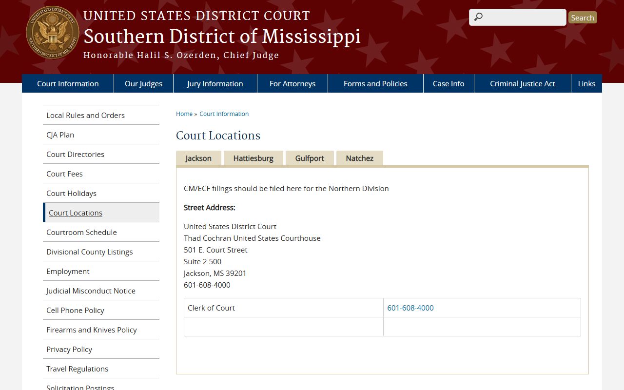 Federal court locations page for Lauderdale County federal court records
