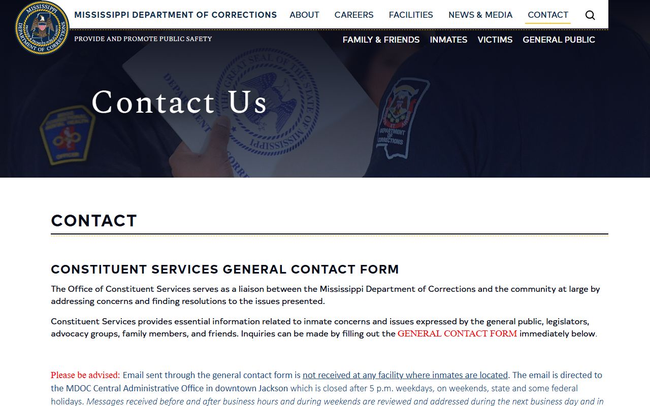 Lauderdale County inmate search routing to the Mississippi MDOC contact page for state inmate records