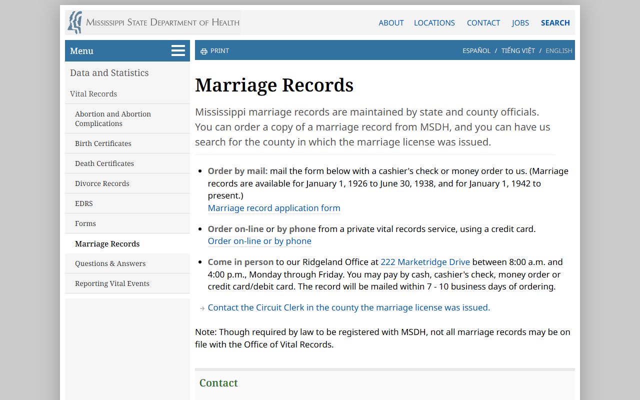 Lauderdale County marriage records ordering page at Mississippi State Department of Health